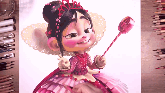 a drawing of a girl holding a lollipop and wearing a tiara