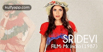 a woman wearing a red dress and a hat with the name sridevi
