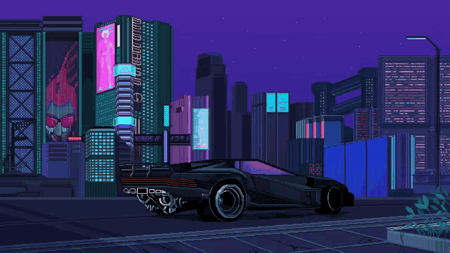 a pixel art illustration of a futuristic city with a car in the foreground and a sign that says ' karos '