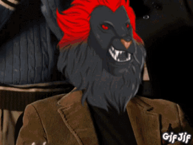 a group of people with masks of lions on their faces and the words gif jif on the bottom