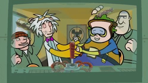 a group of cartoon characters are shaking hands in front of a screen