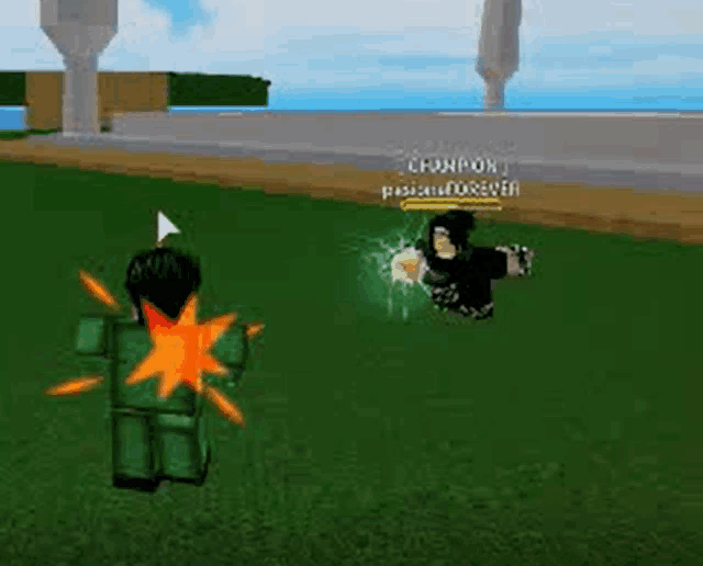 a person is standing in the grass in a video game while another person is standing in the grass .