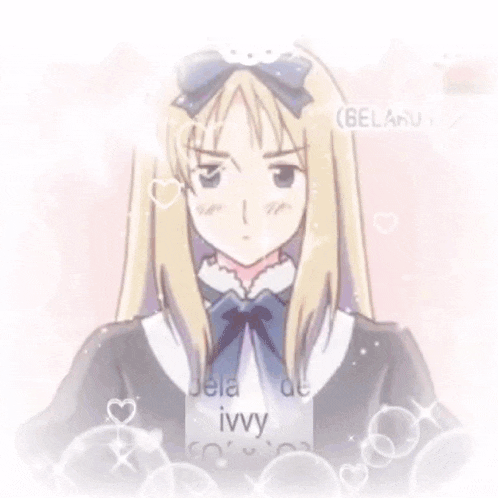 a girl with blonde hair and purple eyes is surrounded by bubbles and hearts and has the word ivy on her chest