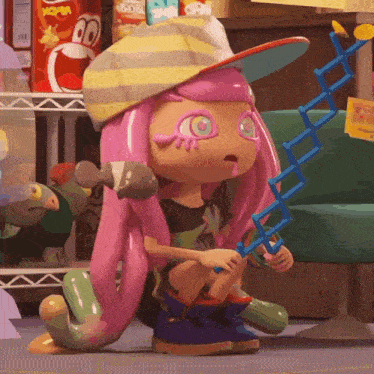 a cartoon character with pink hair is holding a blue ladder