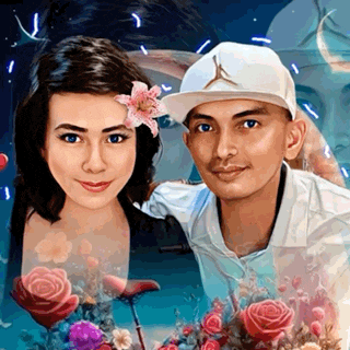 a man and a woman are posing for a picture with flowers in the background .