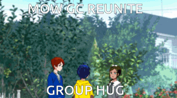 a group of anime characters standing next to each other with the words mow gc reunite group hug