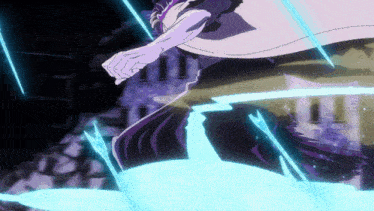 a person with purple hair is standing in front of a blue light