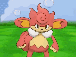 a cartoon character with a swirl on his head is standing in a field