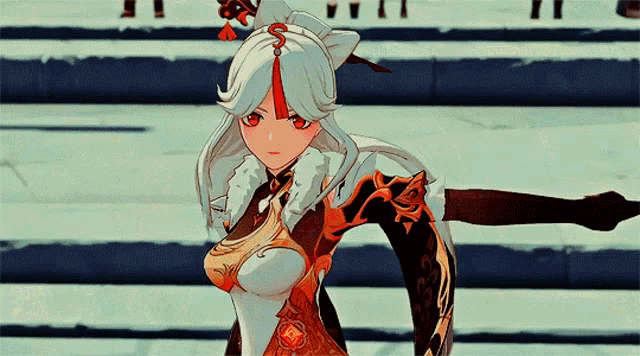 a girl with long white hair and red eyes is standing on a snowy staircase