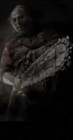 a man is holding a chainsaw and lightning is coming from it