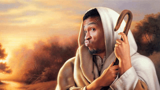 a painting of a man holding a cane and making a face