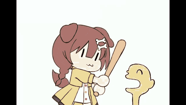 a cartoon drawing of a girl holding a stick with bones on it