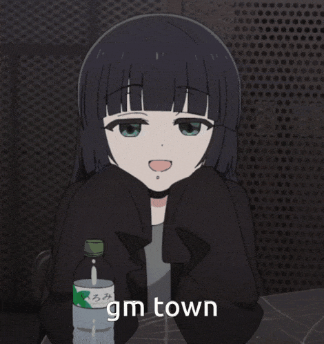 a girl with black hair is holding a bottle of water and says gm town on the bottom