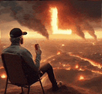 a man sitting in a chair with a can of soda in his hand looking out over a city on fire
