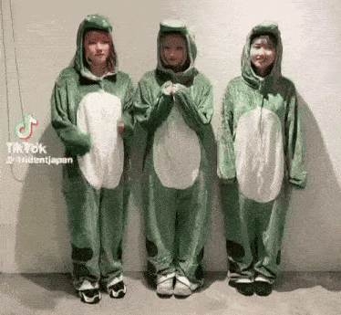 three women are standing next to each other wearing green frog costumes .