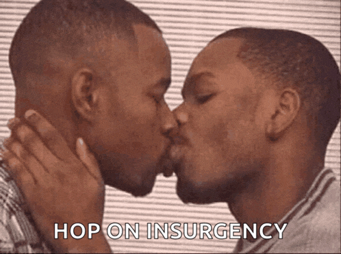 two men kissing with the words hop on insurgency in the corner