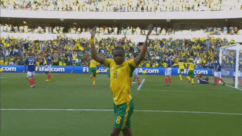 a soccer player wearing a yellow and green jersey with the number 8 on it