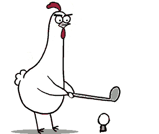 a cartoon chicken is holding a golf club while another chicken looks on .