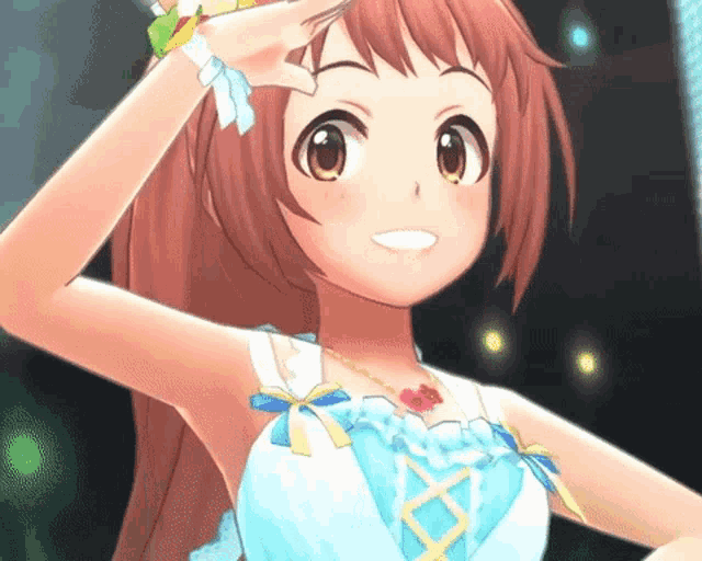 a close up of a anime girl wearing a blue and white dress