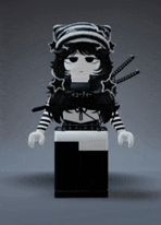 a black and white lego figure with a cat hat on