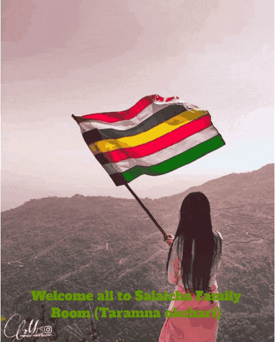 a woman holding a flag with the words welcome all to salalah family room written below her