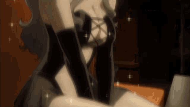 a woman in a black dress and gloves is sitting on a chair
