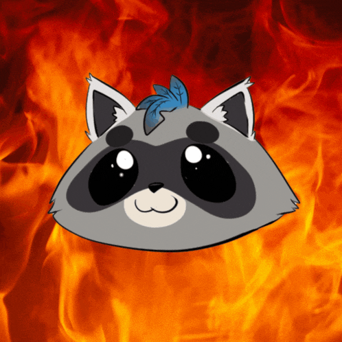 a raccoon with a blue feather on its head