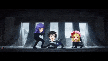 a group of anime characters standing next to each other in a room