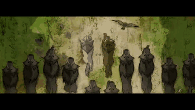 a group of people standing next to each other in a field with a bird flying over them .