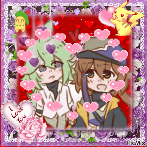a picture of two anime characters surrounded by hearts and flowers with the words i love you