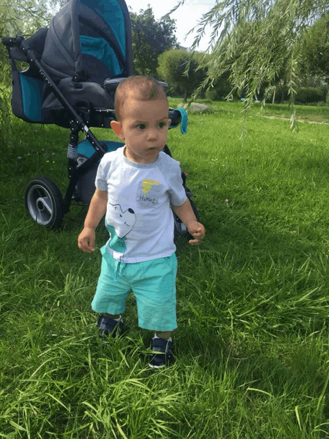 a baby wearing a shirt that says " happy " stands in the grass