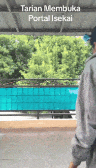 a person standing on a balcony with the words tarian membuka portal isekai written above them