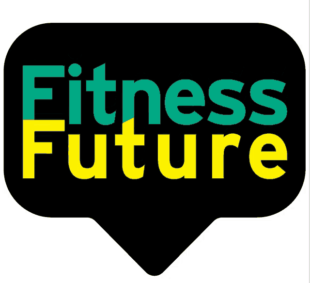 a black speech bubble that says fitness future in green and yellow