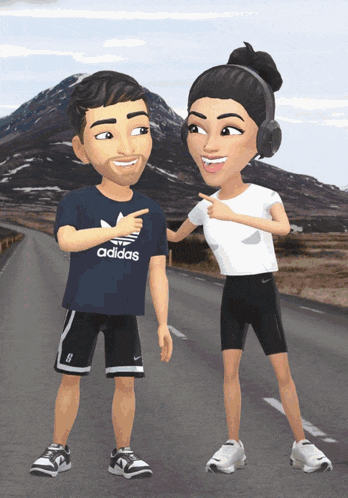 a man wearing an adidas shirt is pointing at a woman