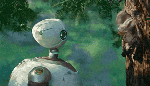 a robot is standing next to a tree with a squirrel in it