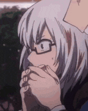 a close up of a person wearing glasses and a white haired anime character .