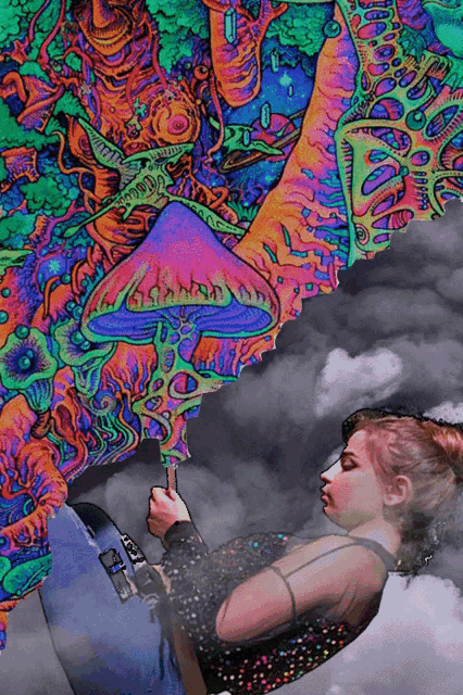 a colorful painting of a woman smoking a cigarette with a mushroom in the background