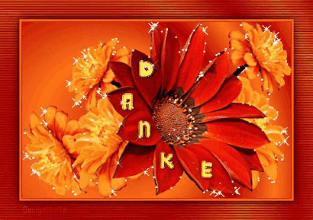 a red flower with the word danke written in gold
