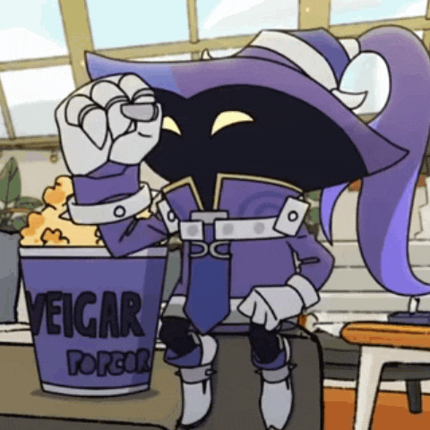 a cartoon character is sitting next to a bucket of veigar pop corn