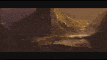 a painting of a river surrounded by mountains and trees
