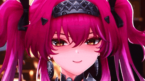 a close up of a pink haired anime girl wearing a crown and earrings .