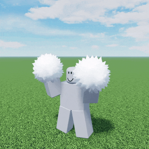 a roblox character is holding two white pom poms