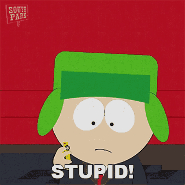 a cartoon character from south park says stupid on the bottom right