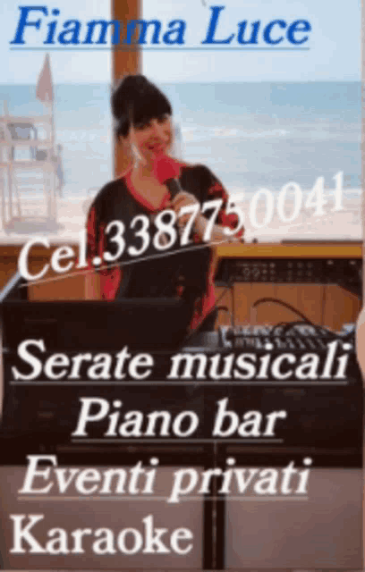 a woman singing into a microphone in front of a piano bar