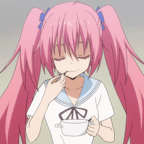 a girl with pink hair is holding a cup of something