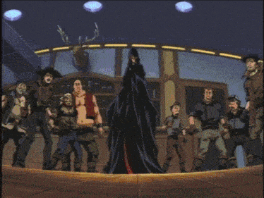 a group of cartoon characters are standing in a room