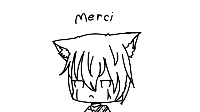a black and white drawing of a person with cat ears and the words merci