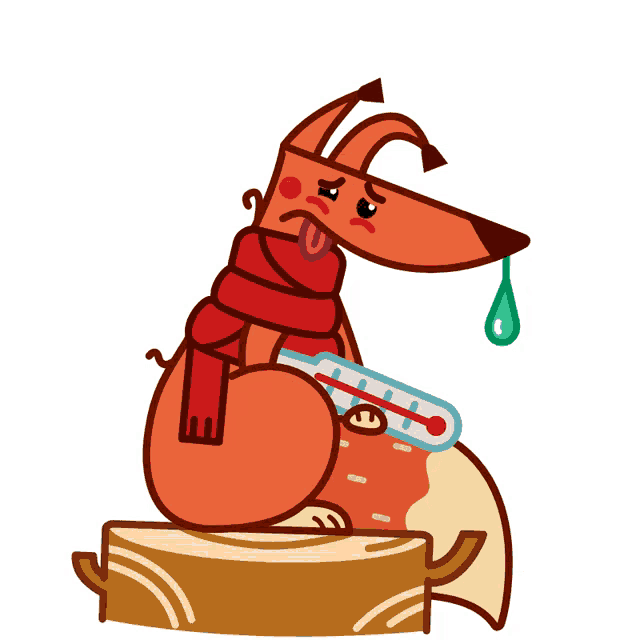 a cartoon fox with a scarf around its neck is holding a thermometer in its hand