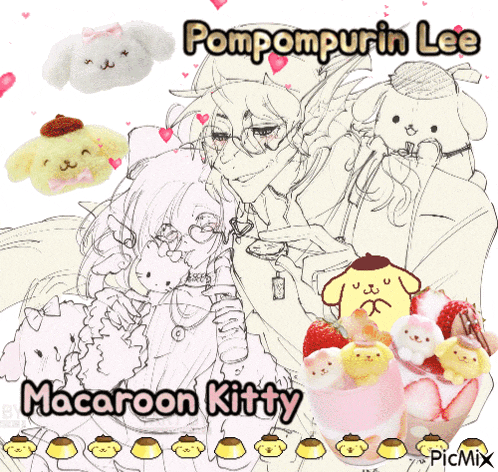 a drawing of pompompurin lee and macaroon kitty surrounded by stuffed animals