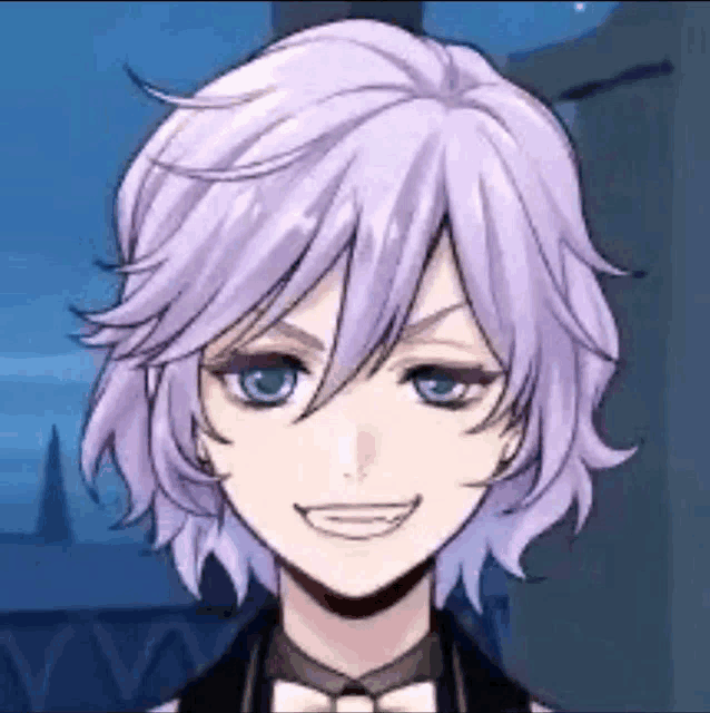 a close up of a person 's face with purple hair and a bow tie .